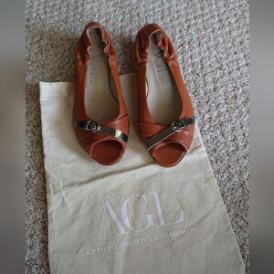 AGL brown leather open toe wedges size 8